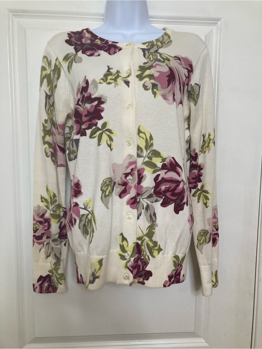 Land's End Floral Print Button Front Cardigan Sweater XS Supima Cotton Preppy